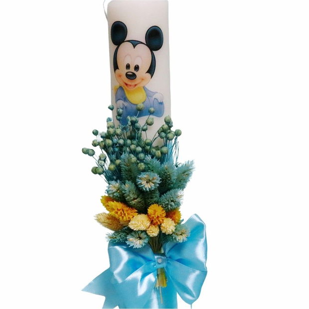 Lumanare Botez, Mickey Mouse, Albastru, Flori uscate, 35 cm, LMB065