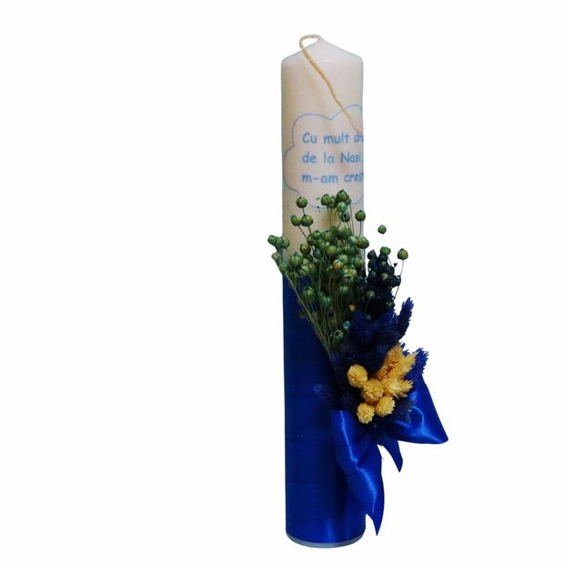 Lumanare Botez, Cu mesaj pentru nasi, Bleumarin, Flori uscate, 35 cm, LMB070