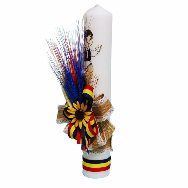 Lumanare Botez, Traditional, Baiat, Tricolor, Flori uscate, 35 cm, LMB071