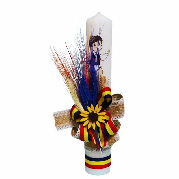 Lumanare Botez, Traditional, Baiat, Tricolor, Flori uscate, 35 cm, LMB071