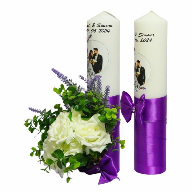 Set Lumanari Nunta, Personalizate, Mire Mireasa, 2 Bucati, Mov, Lavanda, 35 cm, LN017