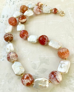 Colier perle baroc & agate carneol