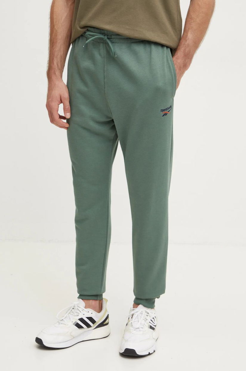 Reebok pantaloni de trening culoarea verde, neted, 100206015