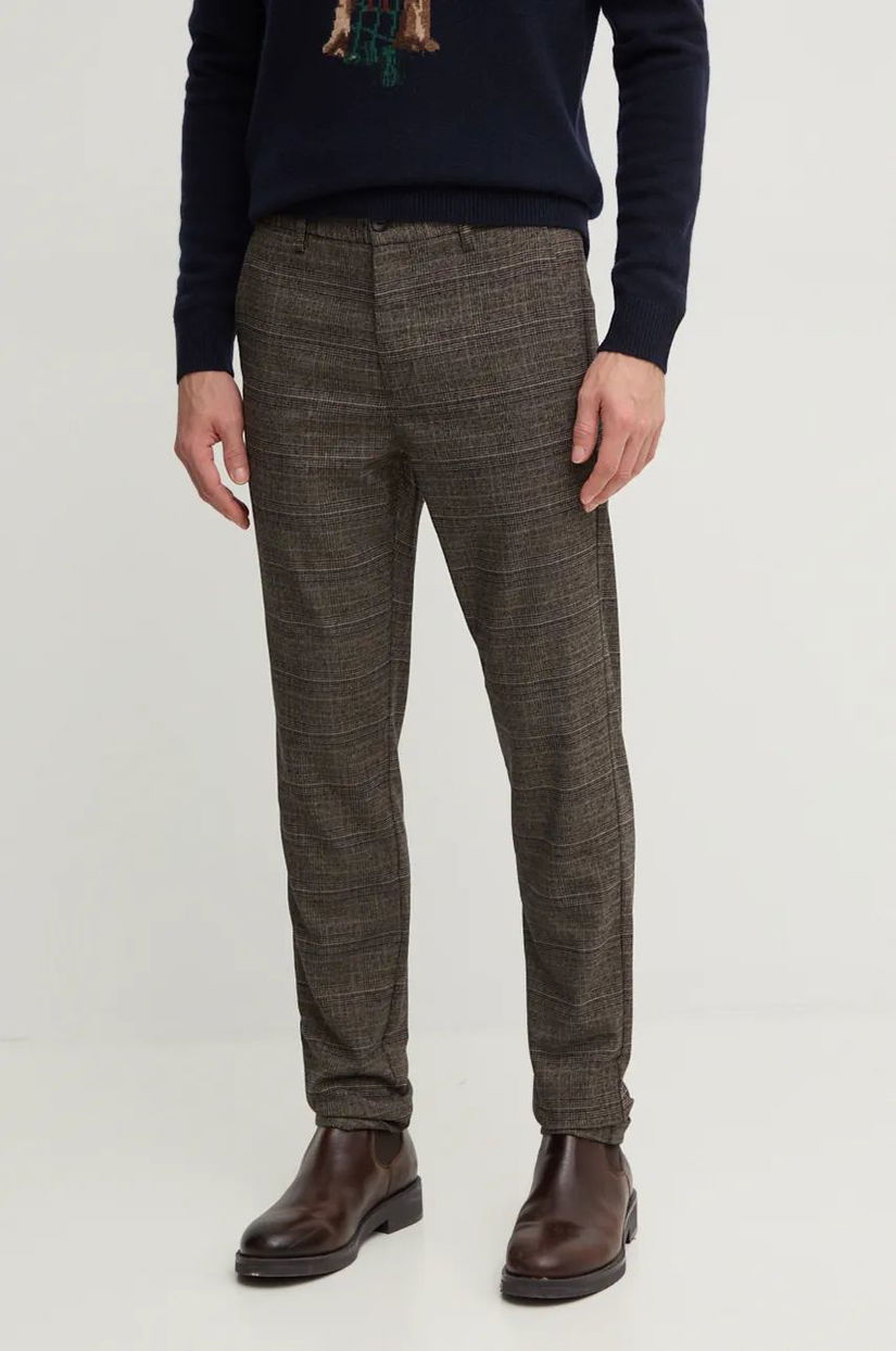 Lindbergh pantaloni bărbați, culoarea maro, mulată, 30-001049B