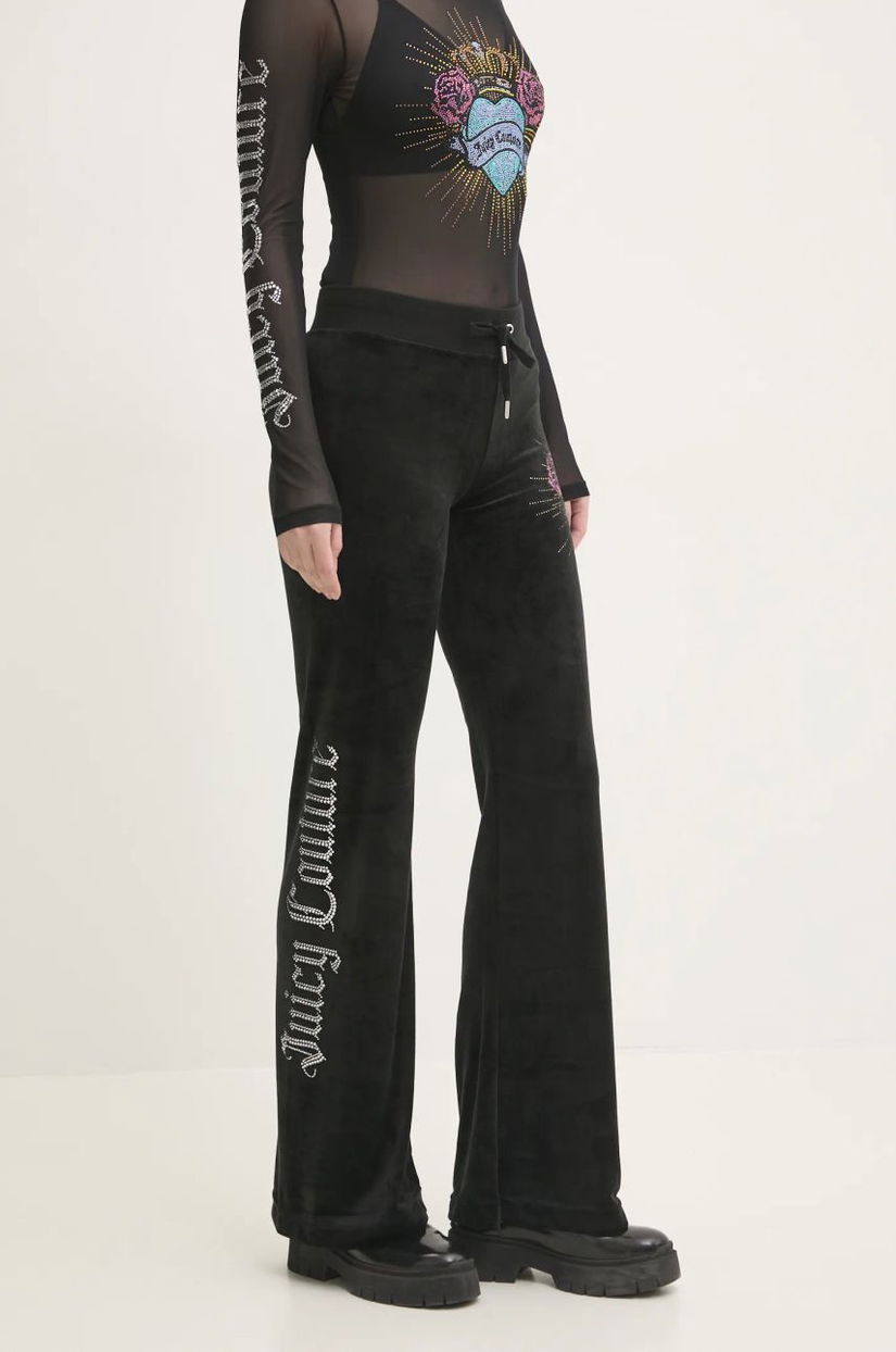 Juicy Couture pantaloni de trening din velur SACRED HEART LAYLA TRACKPANTS culoarea negru, cu imprimeu, JCBBJ224817