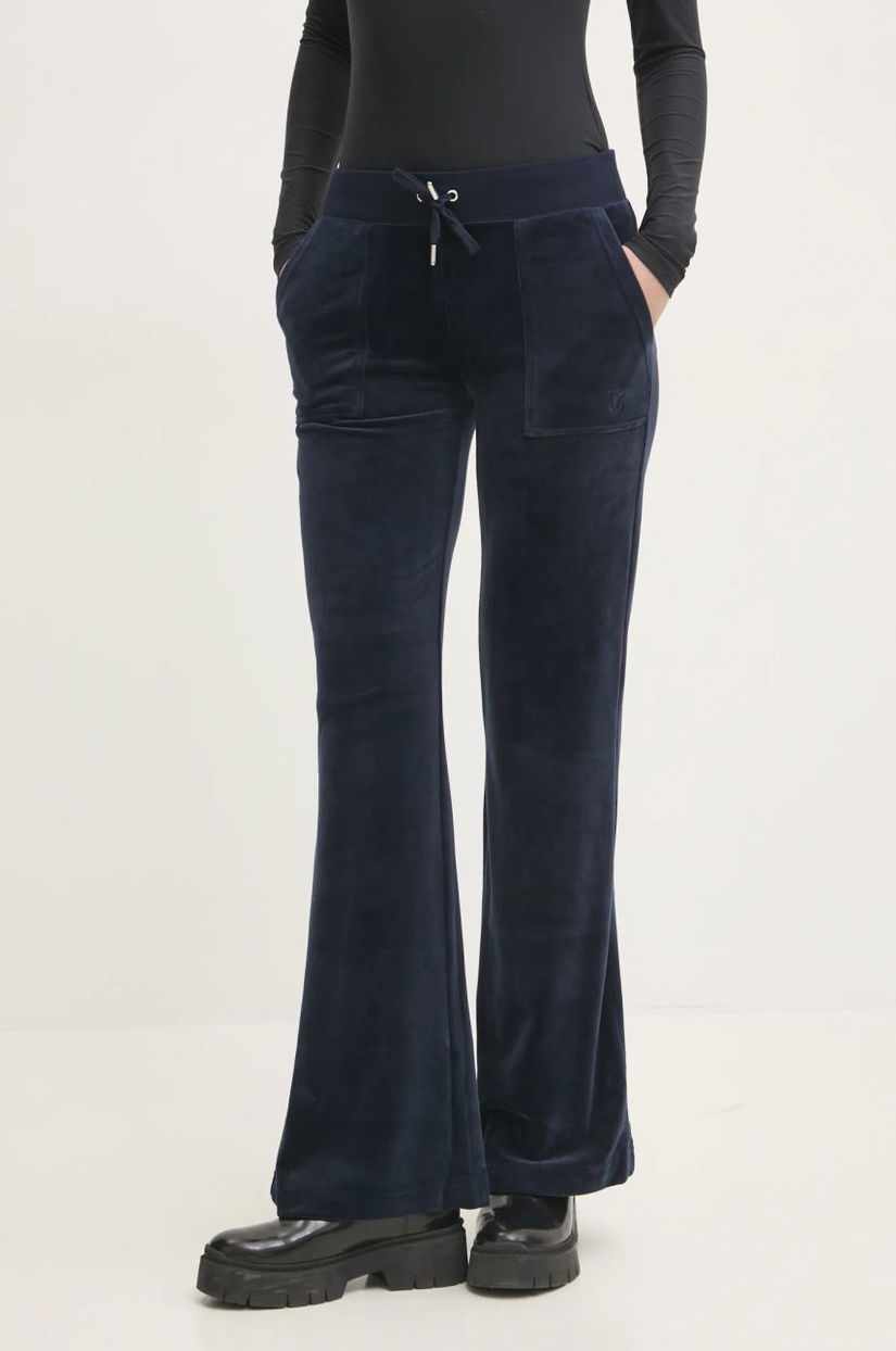 Juicy Couture pantaloni de trening din velur LAYLA POCKET LR culoarea bleumarin, uni, JCSEBJ001