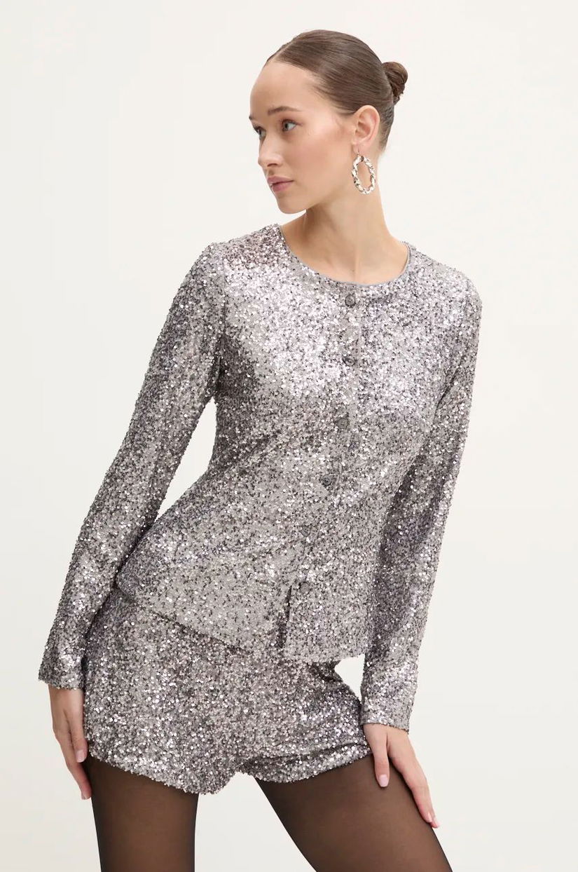 Never Fully Dressed cămașă Gunmetal Alexa Sequin Cardigan femei, culoarea argintiu, regular, NFDTO1583