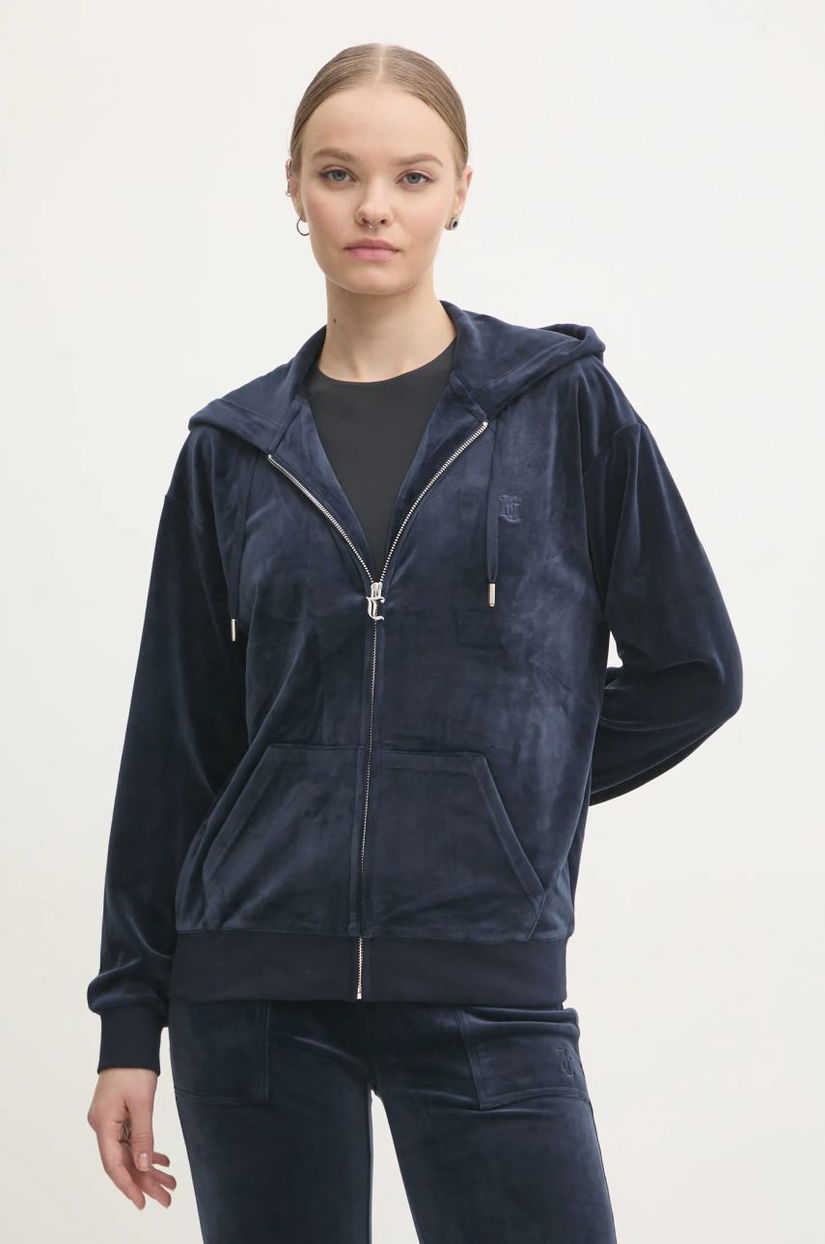 Juicy Couture bluză din velur HALAN OVERSIZED HOODIE culoarea bleumarin, cu glugă, uni, JCWAS24342