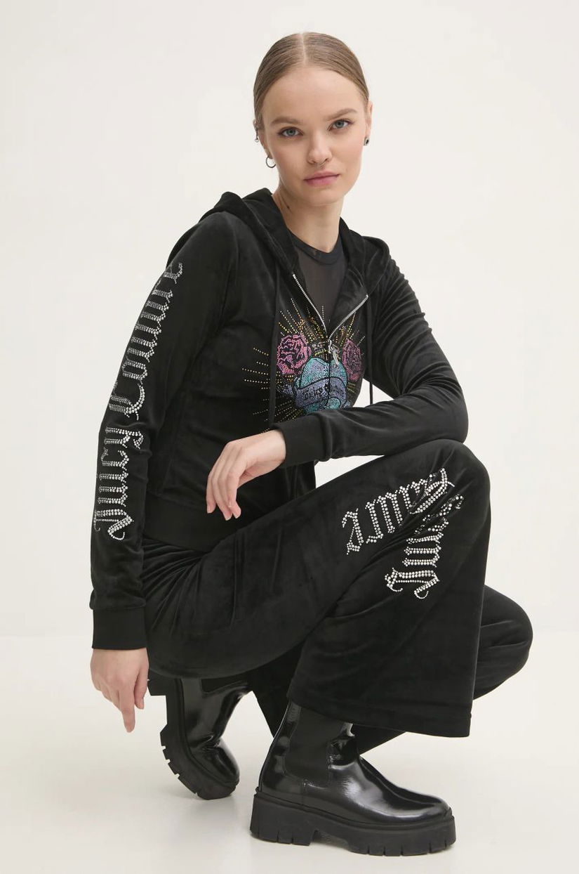 Juicy Couture bluză din velur SACRED HEART ROBERTSON HOODIE culoarea negru, cu glugă, cu imprimeu, JCBAS224816