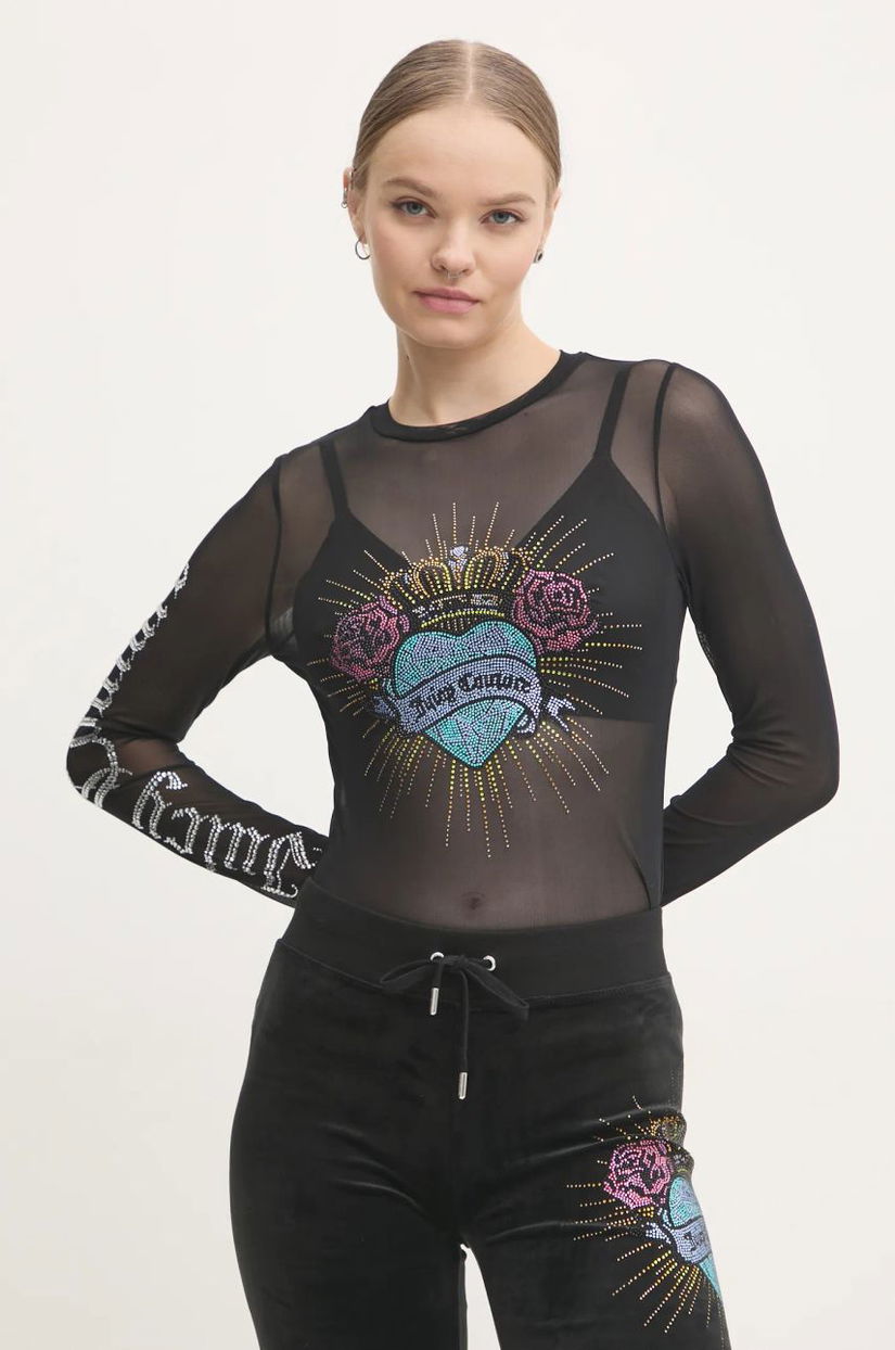 Juicy Couture bluza SACRED HEART MESH LS TOP femei, culoarea negru, cu imprimeu, JCBCT224836