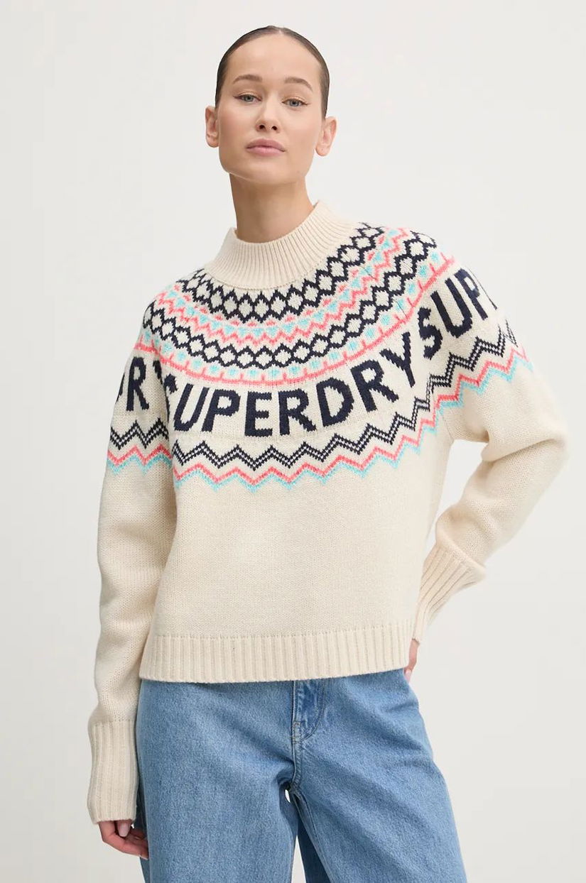 Superdry pulover din amestec de lana femei, culoarea bej, W6110555A-B9Q