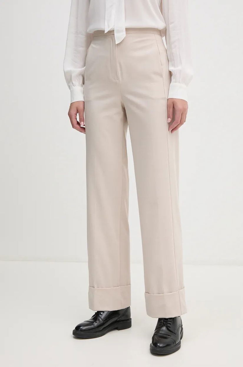 Sisley pantaloni din lana culoarea bej, drept, high waist, 4JYQLF061