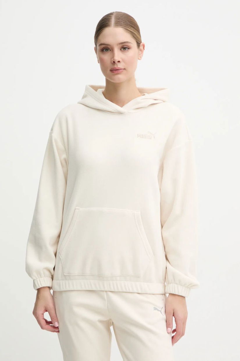 Puma hanorac fleece culoarea bej, cu glugă, neted, 681529