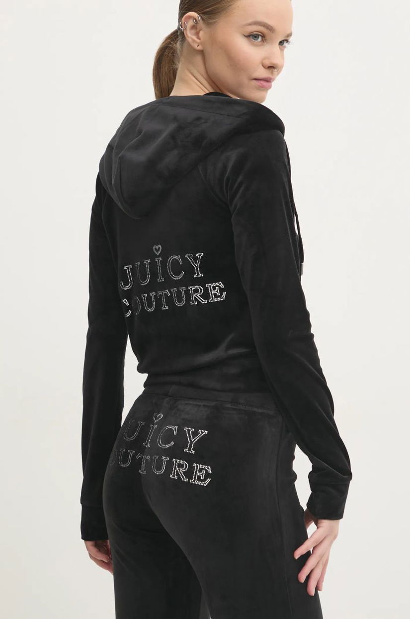 Juicy Couture bluză din velur REGAL MADISON HOODIE culoarea negru, cu glugă, neted, JCBAS224828