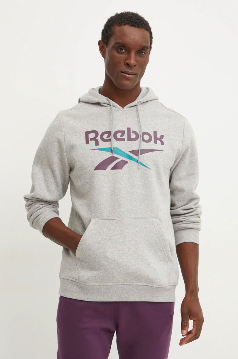 Reebok bluza barbati, culoarea gri, cu glugă, cu imprimeu, 100206026