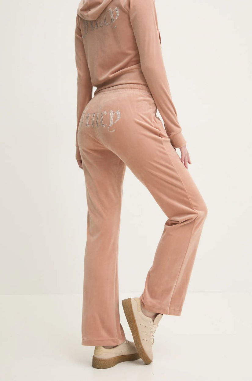 Juicy Couture pantaloni de trening din velur TINA TRACK PANT culoarea maro, cu imprimeu, JCAPW045