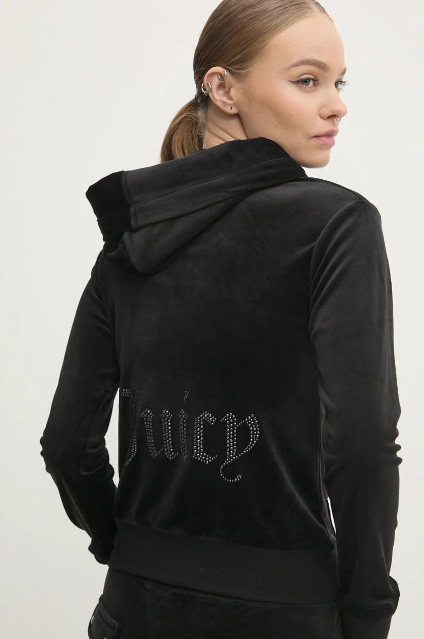 Juicy Couture bluză din velur ROBERTSON JEWELLED VELOUR HOODIE culoarea negru, cu glugă, neted, JCBAS224814