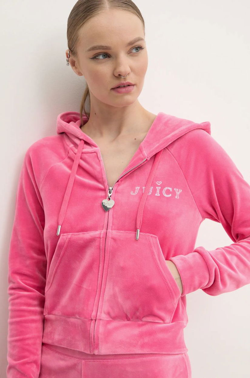 Juicy Couture bluză din velur REGAL MADISON HOODIE culoarea roz, cu glugă, neted, JCBAS224828