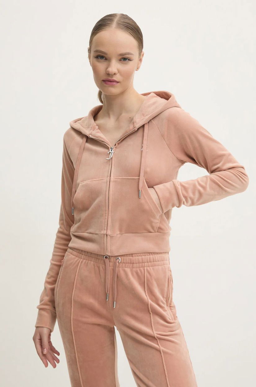 Juicy Couture bluză din velur MADISON HOODIE culoarea maro, cu glugă, neted, JCWA122001