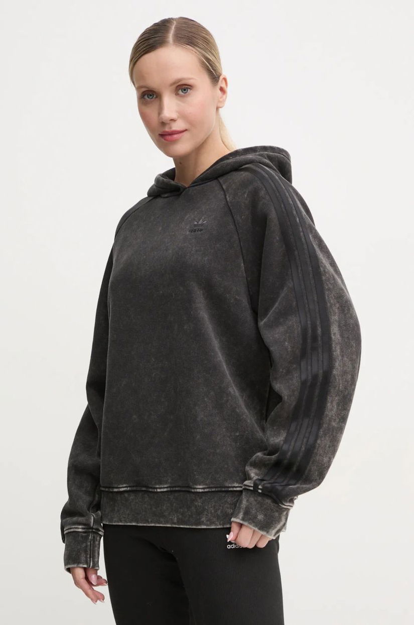 adidas Originals bluză Wash Hoodie femei, culoarea gri, cu glugă, cu imprimeu, IW3415