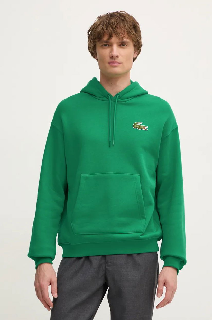 Lacoste hanorac de bumbac barbati, culoarea verde, cu glugă, neted, SH2754