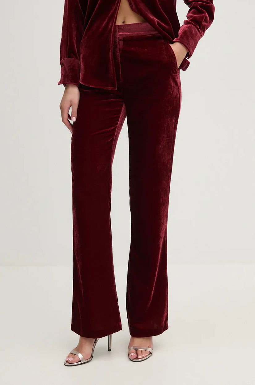 Sisley pantaloni de catifea culoarea bordo, drept, high waist, 41EULF06A