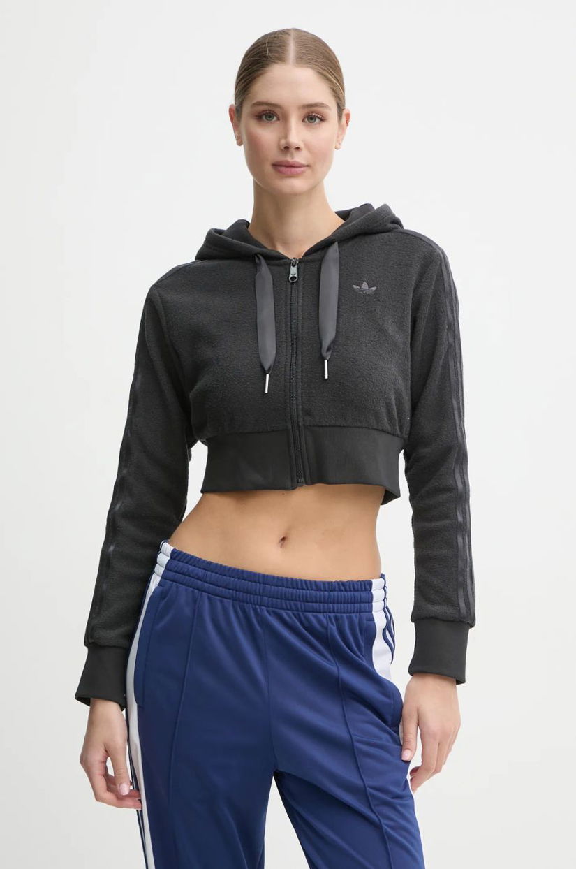 adidas Originals bluza Femme Galore Short Fulzip Hoodie femei, culoarea gri, cu glugă, cu imprimeu, JN3006