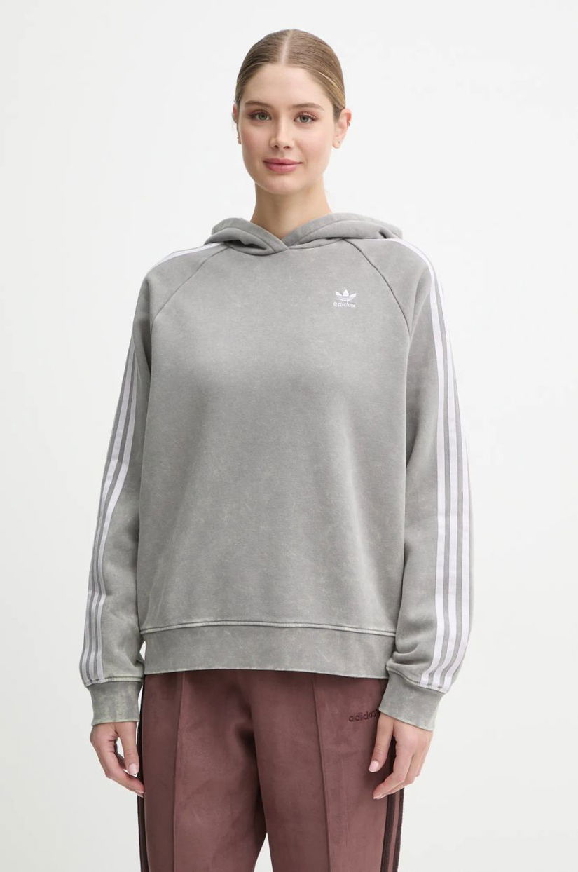 adidas Originals bluză Wash Hoodie femei, culoarea gri, cu glugă, cu imprimeu, IW3414