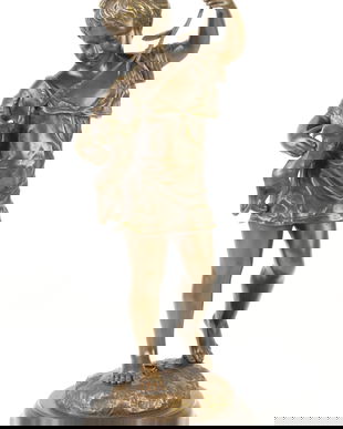 Fetita cu pisica-statueta bronz cu soclu din marmura