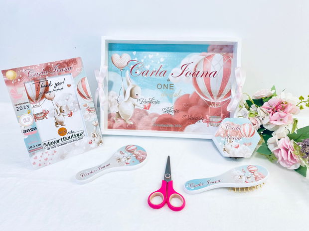 Set aniversar personalizat 1 anisor - Lovely Bunny - Tavita turta si accesorii