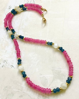Colier CHOKER jad roz, iolit, hematit & piatra lunii