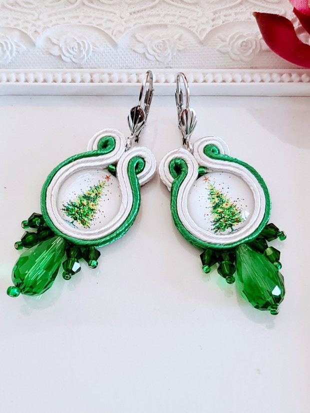 Cercei verzi cu brăduț, Cercei Crăciun, Cercei soutache