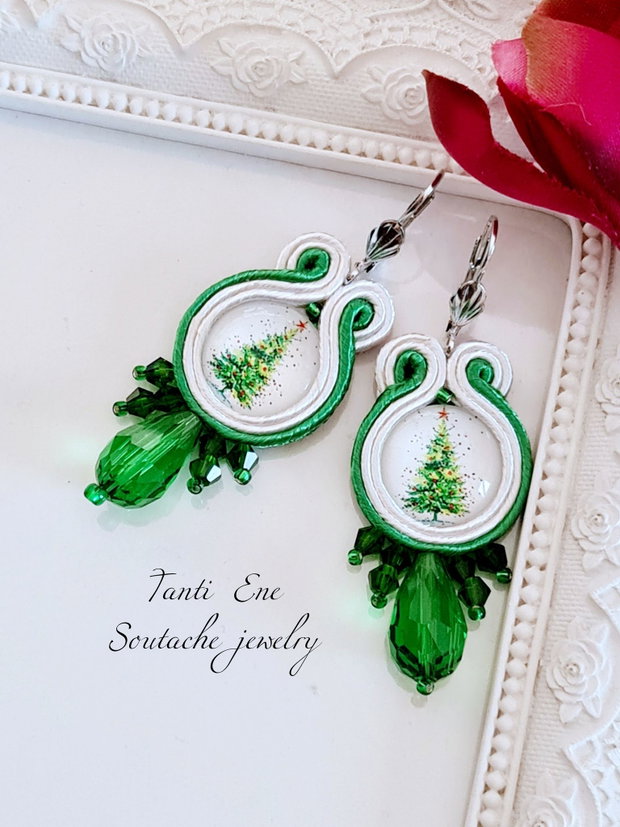 Cercei verzi cu brăduț, Cercei Crăciun, Cercei soutache