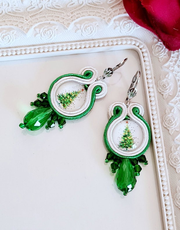 Cercei verzi cu brăduț, Cercei Crăciun, Cercei soutache