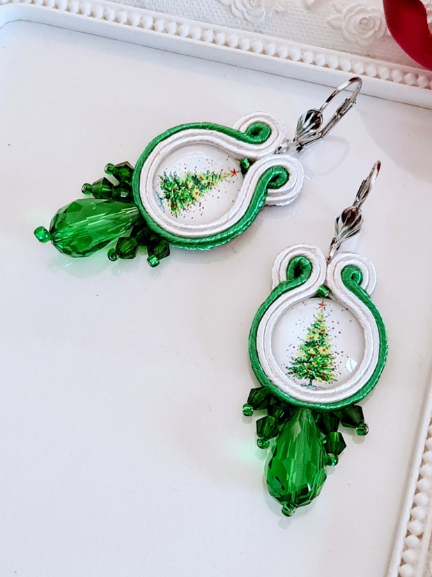 Cercei verzi cu brăduț, Cercei Crăciun, Cercei soutache