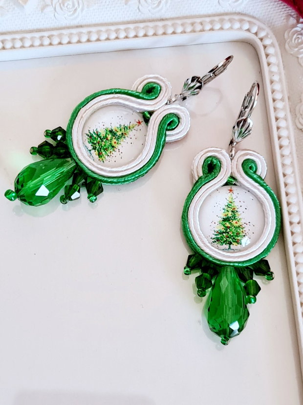 Cercei verzi cu brăduț, Cercei Crăciun, Cercei soutache