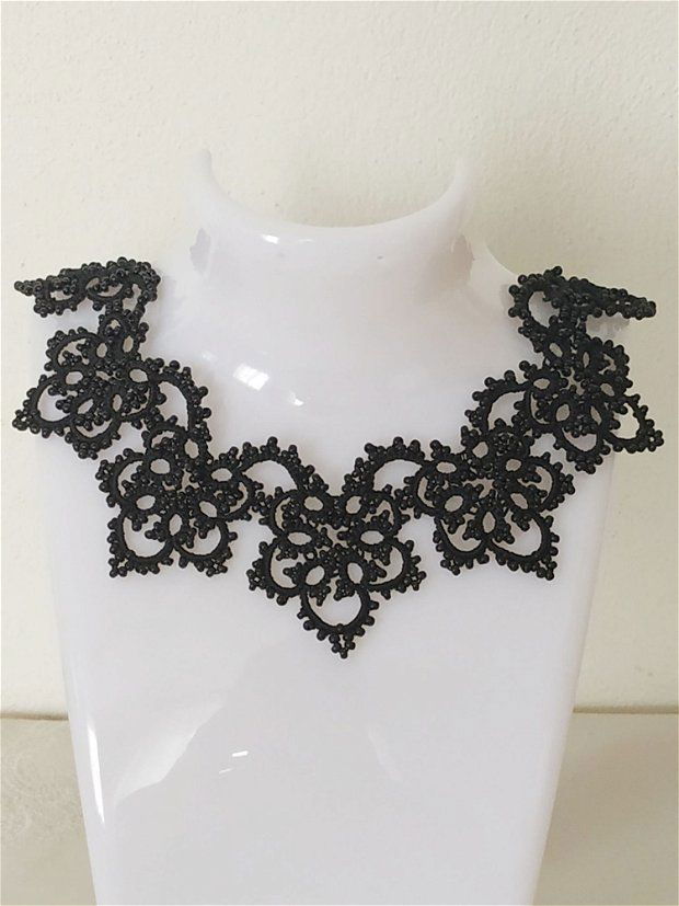 Colier negru din dantela frivolite, colier dantela neagra, bijuterii unicat, bijuterii tatting