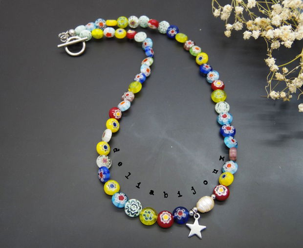 Colier handmade - Millefiori si perle cultura (cod1105)