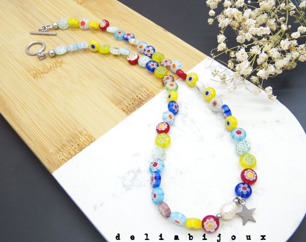 Colier handmade - Millefiori si perle cultura (cod1105)