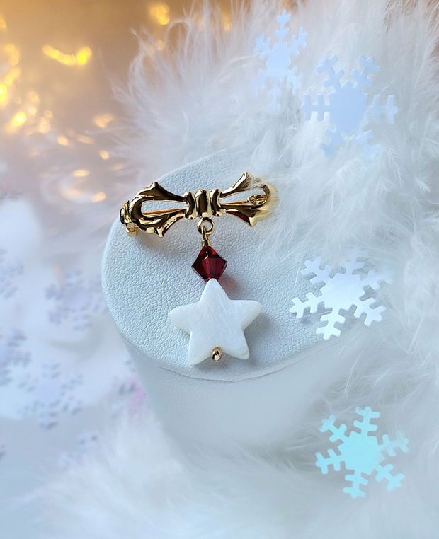 Broșă de Crăciun cu fundă, stea din sidef și Swarovski Crystal CHRISTMAS STAR