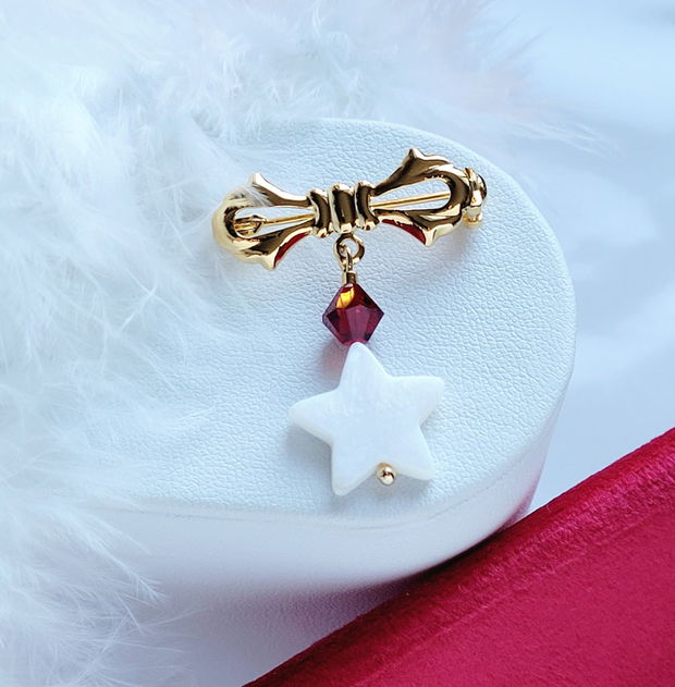 Broșă de Crăciun cu fundă, stea din sidef și Swarovski Crystal CHRISTMAS STAR