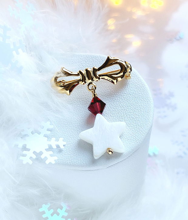 Broșă de Crăciun cu fundă, stea din sidef și Swarovski Crystal CHRISTMAS STAR