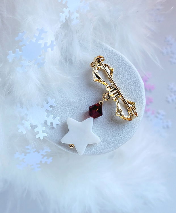 Broșă de Crăciun cu fundă, stea din sidef și Swarovski Crystal CHRISTMAS STAR