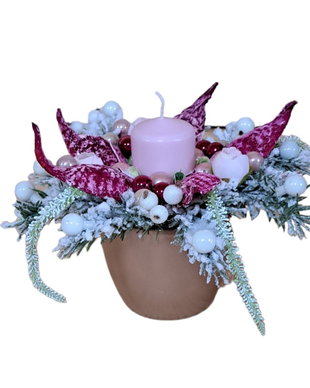 Aranjament pentru Craciun in vas ceramic cu lumanare roz,, 23 x 15 cm 3609