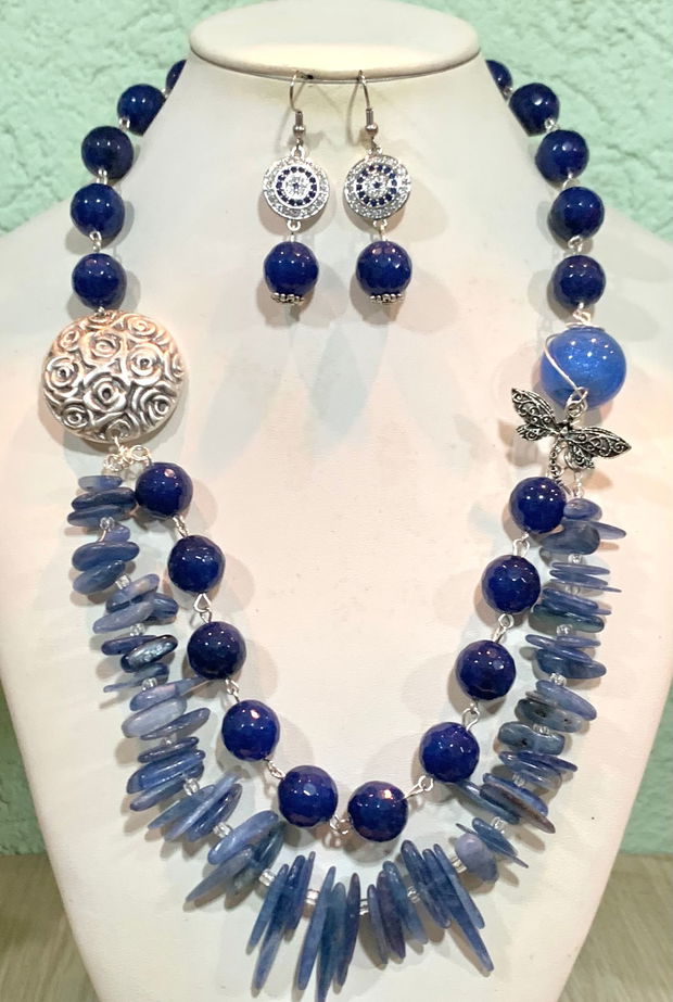 SET~BLUE WINGS~kyanit,jad albastru safir,zamac argintat,inox,accesorii argintate