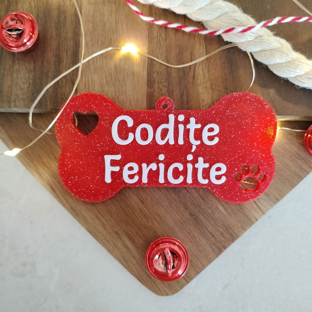 Decorațiune de Crăciun - Os Roșu cu mesaj "Codițe Fericite"