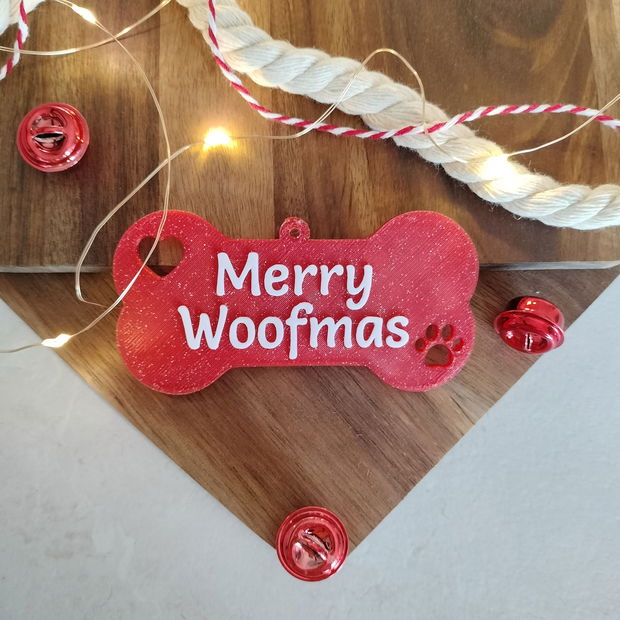 Decorațiune de Crăciun - Os Roșu cu mesaj "Merry Woofmas"