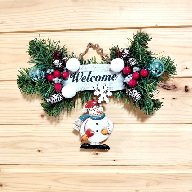 Decoratiune Welcome pentru Craciun, cu om de zapada si globulete,  4300