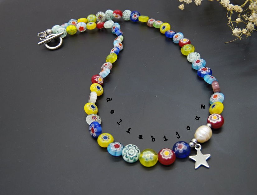 Colier handmade - Millefiori si perle cultura (cod1105)