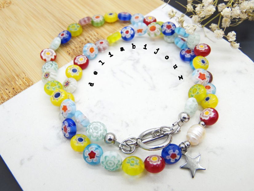 Colier handmade - Millefiori si perle cultura (cod1105)